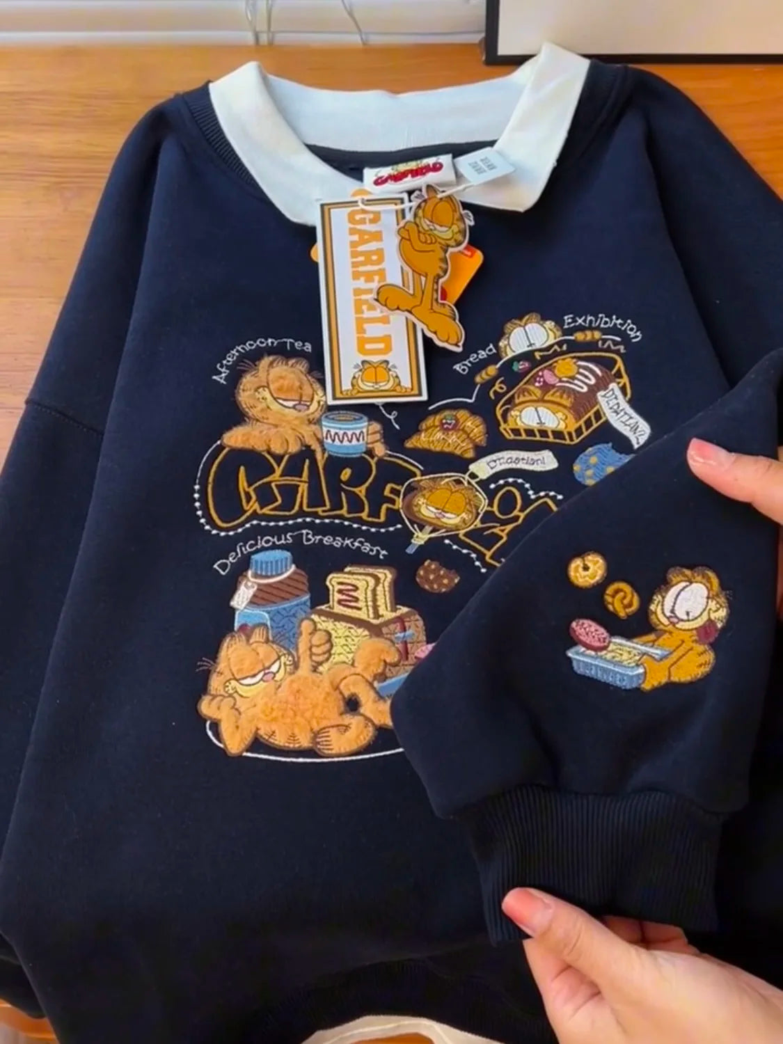 Fluffy Lined Embroidered  Print Sweatshirt Loose Fit Thickened Casual Style Korean Version Long Sleeve Hoodie for Women