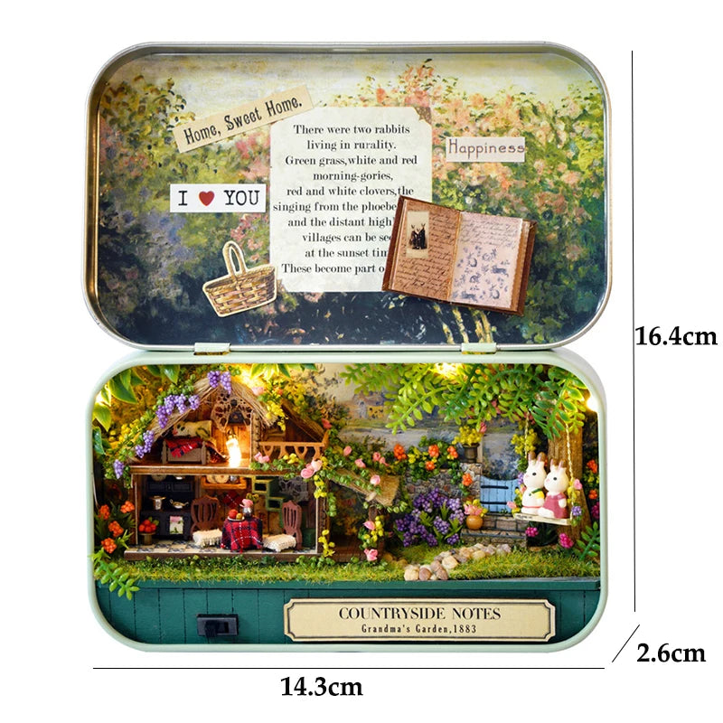 DIY Time Message Box Miniature Dollhouse Kit with LED Light Wooden Assembled Model Handmade Craft Puzzle Toy for Birthday Gifts