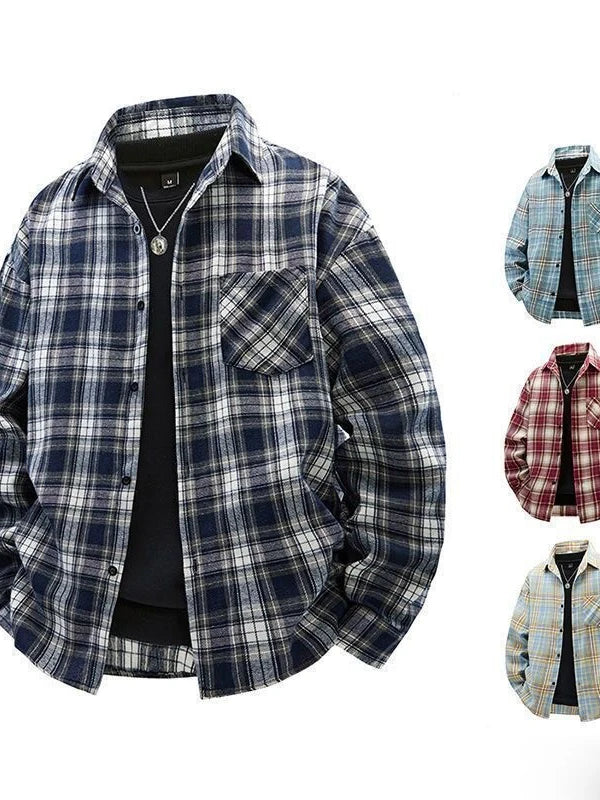 Japanese Style Plaid Long Sleeve Cotton Shirt Men's Retro Autumn Spring Outerwear Casual Loose Fit Print Shirt for Youth