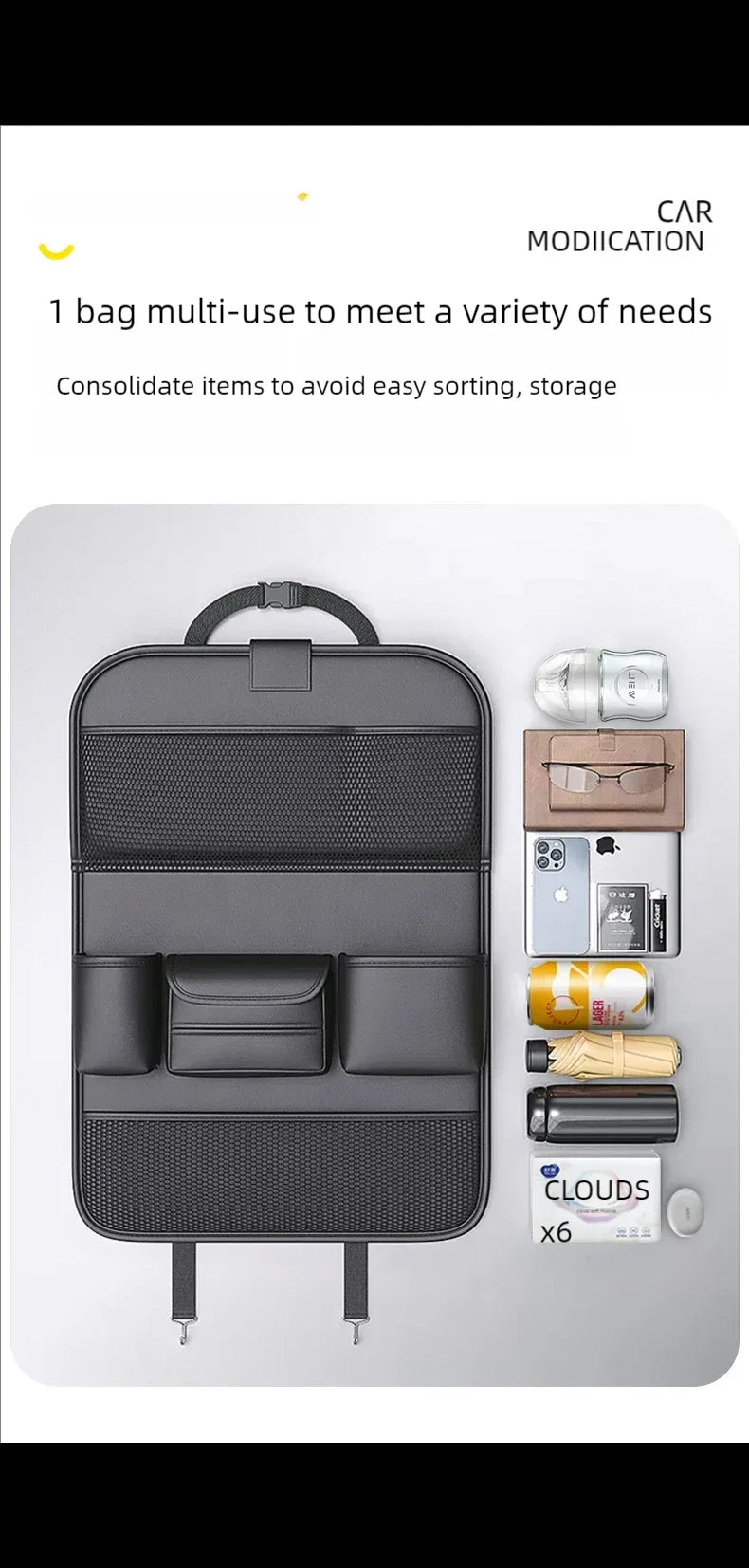 Car Seat Back Storage Bag Large Capacity Multi-Pocket Backseat Organizer Foldable Dining Table Tablet Tray Hanging Bag