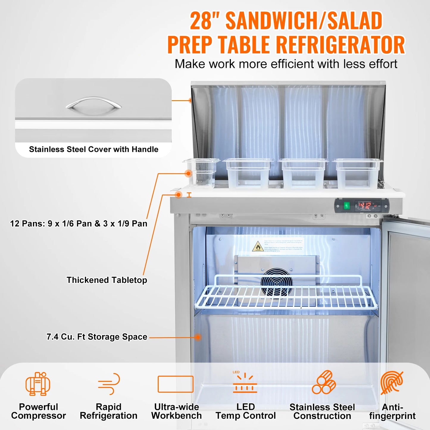 SucceBuy 28" Commercial Refrigerator Sandwich & Salad Prep Table 7.4 Cu. Ft Stainless Steel Refrigerated Food Prep Station