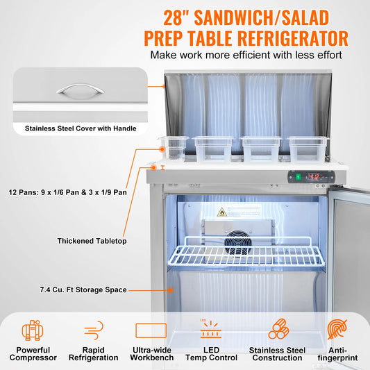 SucceBuy 28" Commercial Refrigerator Sandwich & Salad Prep Table 7.4 Cu. Ft Stainless Steel Refrigerated Food Prep Station