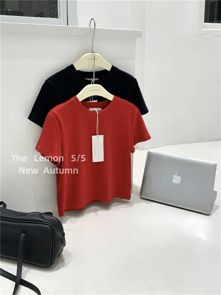 Lemon Women's Loose Short Sleeve T-Shirt Korean Style round Neck Base Shirt Inner Wear Simple Fashion Spring Autumn Top