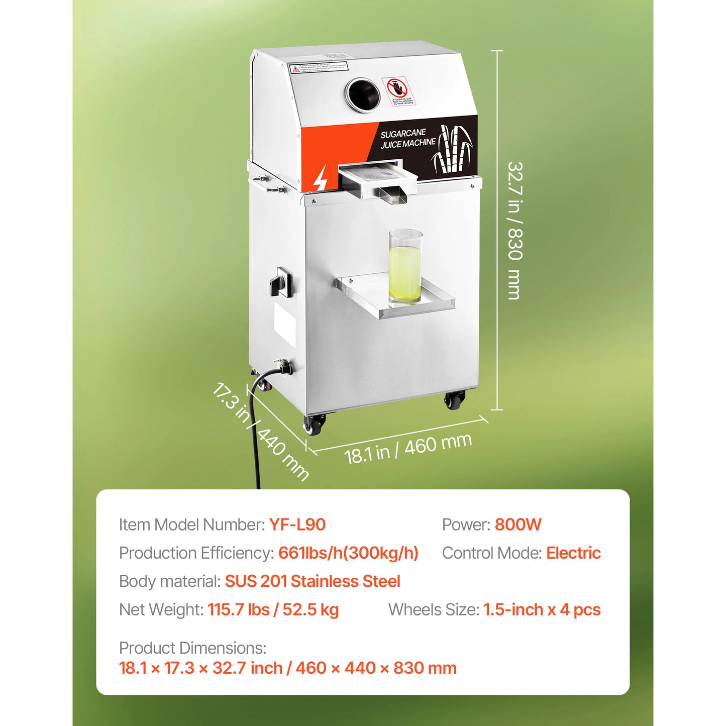 SucceBuy Commercial Sugar Cane Juicer 800W Electric Sugarcane Juicer Machine with 661LBS/H High Output 3 Stainless Steel Rollers Sugar Cane Press Juice Extractor Squeezer on Wheels for Home Commercial