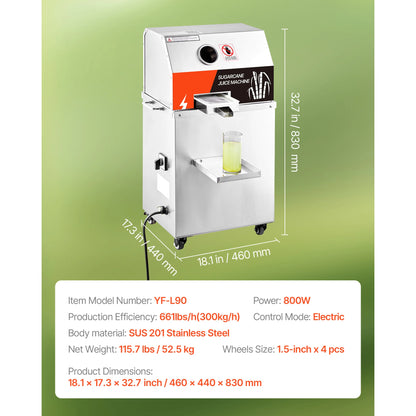 SucceBuy Commercial Sugar Cane Juicer 800W Electric Sugarcane Juicer Machine with 661LBS/H High Output 3 Stainless Steel Rollers Sugar Cane Press Juice Extractor Squeezer on Wheels for Home Commercial