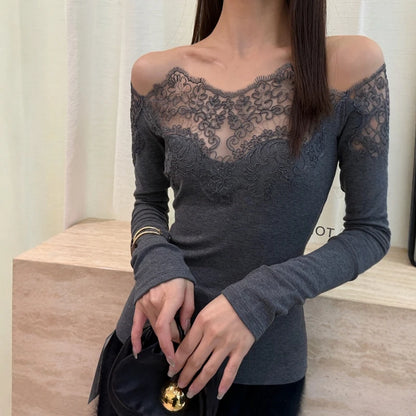 French Style Lace Trim Shoulder Bridesmaid Long Sleeve Slim Fit Base Shirt Women's Autumn Winter Fashionable Shoulder Bared Top