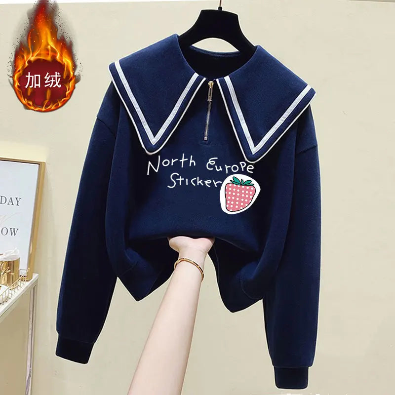 Teenage Girl's Fleece Lined Thickened Navy Collar Sweatshirt Small Size Winter Fashionable Clothing School Sweet Style Zipper