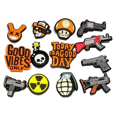 13-100pcs Skull Gun Mushroom Cool Shoe Buckle Sandal DIY Accessories PVC Shoes Charms Clogs Pins Decor Unisex Kids Party Gift