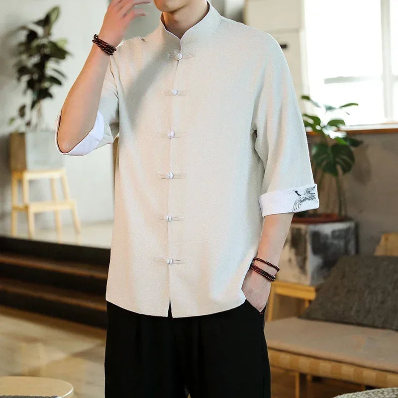 Embroidery Crane Shirts Men Traditional Chinese Clothing Vintage Half Sleeve Linen Cotton Shirts Madarin Collar Hanfu Kungfu Top