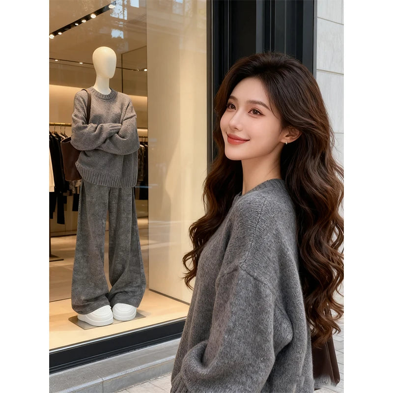 Korean Style Lazy Fashion Women's High-End Knitted Sweater And Wide Leg Pants Two-Piece Set Straight Cut Casual Outfit
