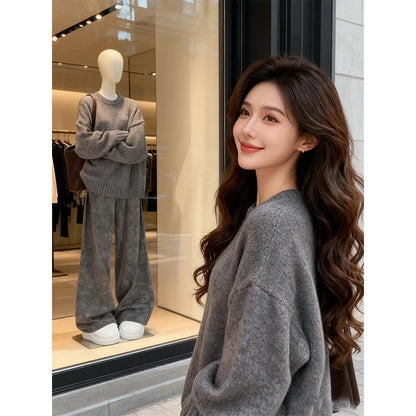 Korean Style Lazy Fashion Women's High-End Knitted Sweater And Wide Leg Pants Two-Piece Set Straight Cut Casual Outfit