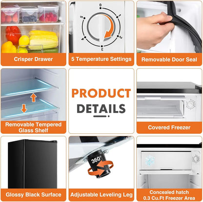 3.2 Cu.Ft Mini Fridge with Freezer Small Refrigerator Single Door Adjustable Thermostat Energy