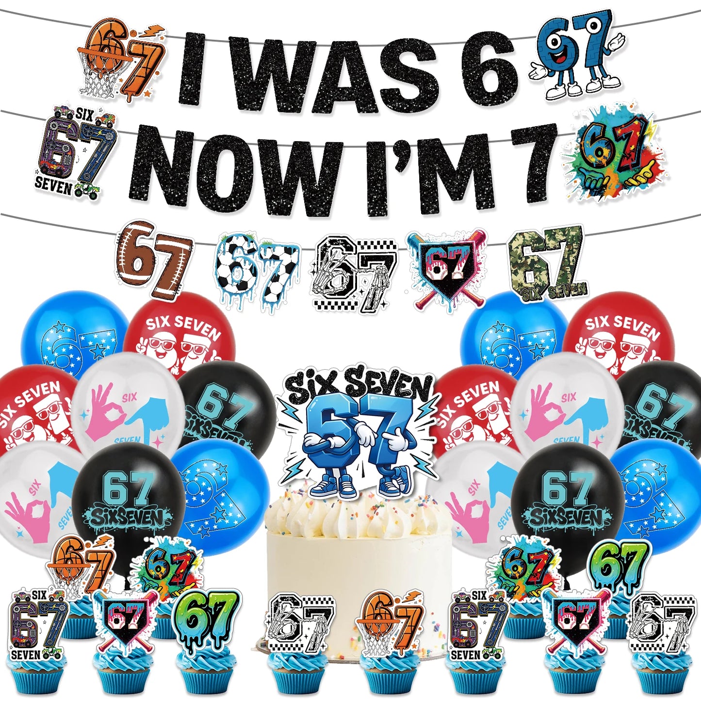 I WAS 6 NOW IM 7 Number 67 Themed Birthday Party Decoration Banner Balloon Cake Toppers＆ Make A Face DIY Stickers Creative Gift