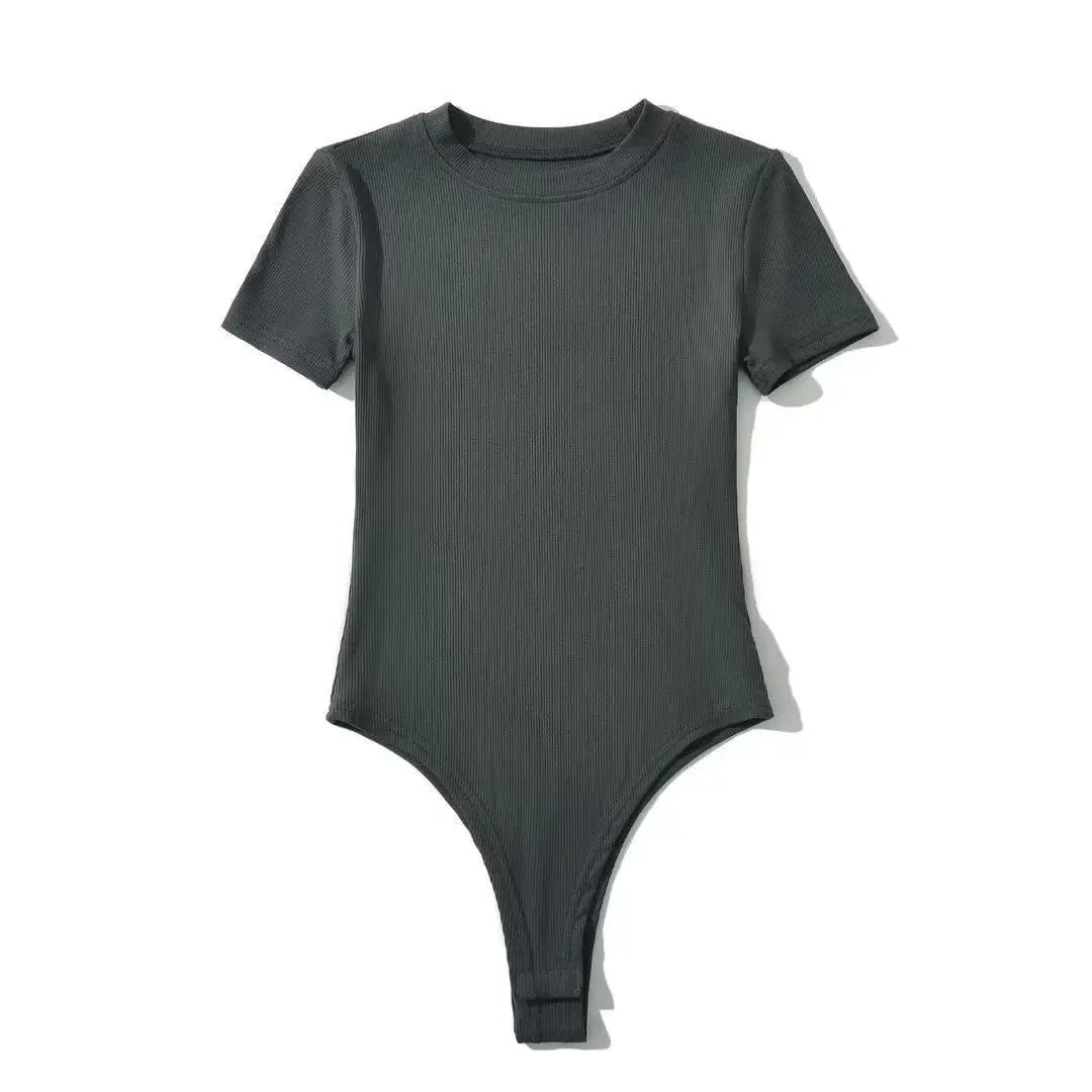 Summer Short Sleeve O-neck Knitted Bodysuits Women Stretchable Slim Basic Solid Color Tops