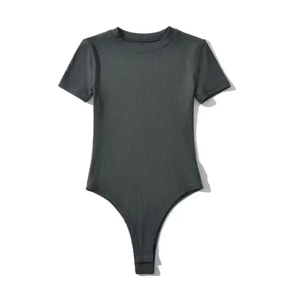 Summer Short Sleeve O-neck Knitted Bodysuits Women Stretchable Slim Basic Solid Color Tops