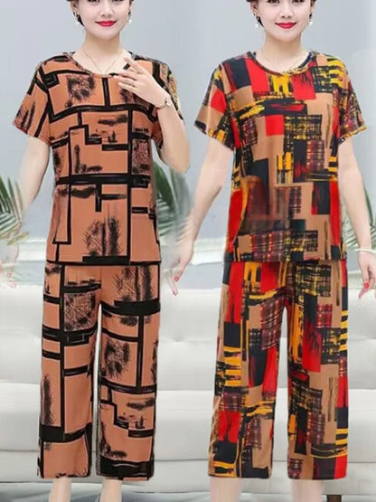 Large Size Ice Silk Summer Outfit Casual Short Sleeve Seven-Foot Pants Set Thin Women's Clothing Two-Piece Set Retro Pattern ...