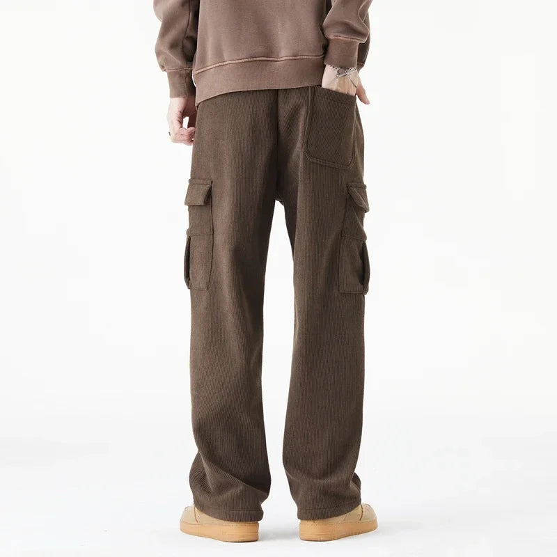 Winter Woolen Cargo Pants Thickened Men Casual Pants Solid Trousers Straight Leg Outdoors Streetwear Comfortable Fabric Unisex