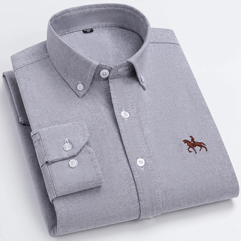 Quality 100% Cotton Oxford Shirt For Mens Long Sleeve Casual Business Regular-Fit Formal Dress Shirts Social Blouse Male Clothes