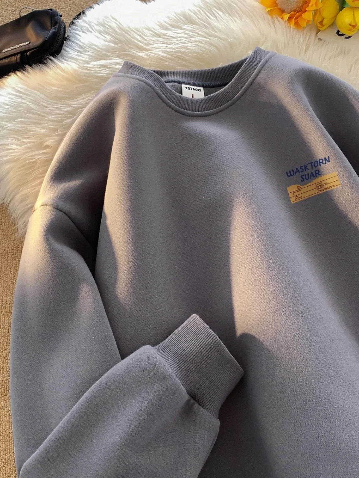 American Retro Fleece Lined Long Sleeve Letter Print Sweatshirt Unisex Autumn Winter Casual Fashion Versatile Men's Women's Top