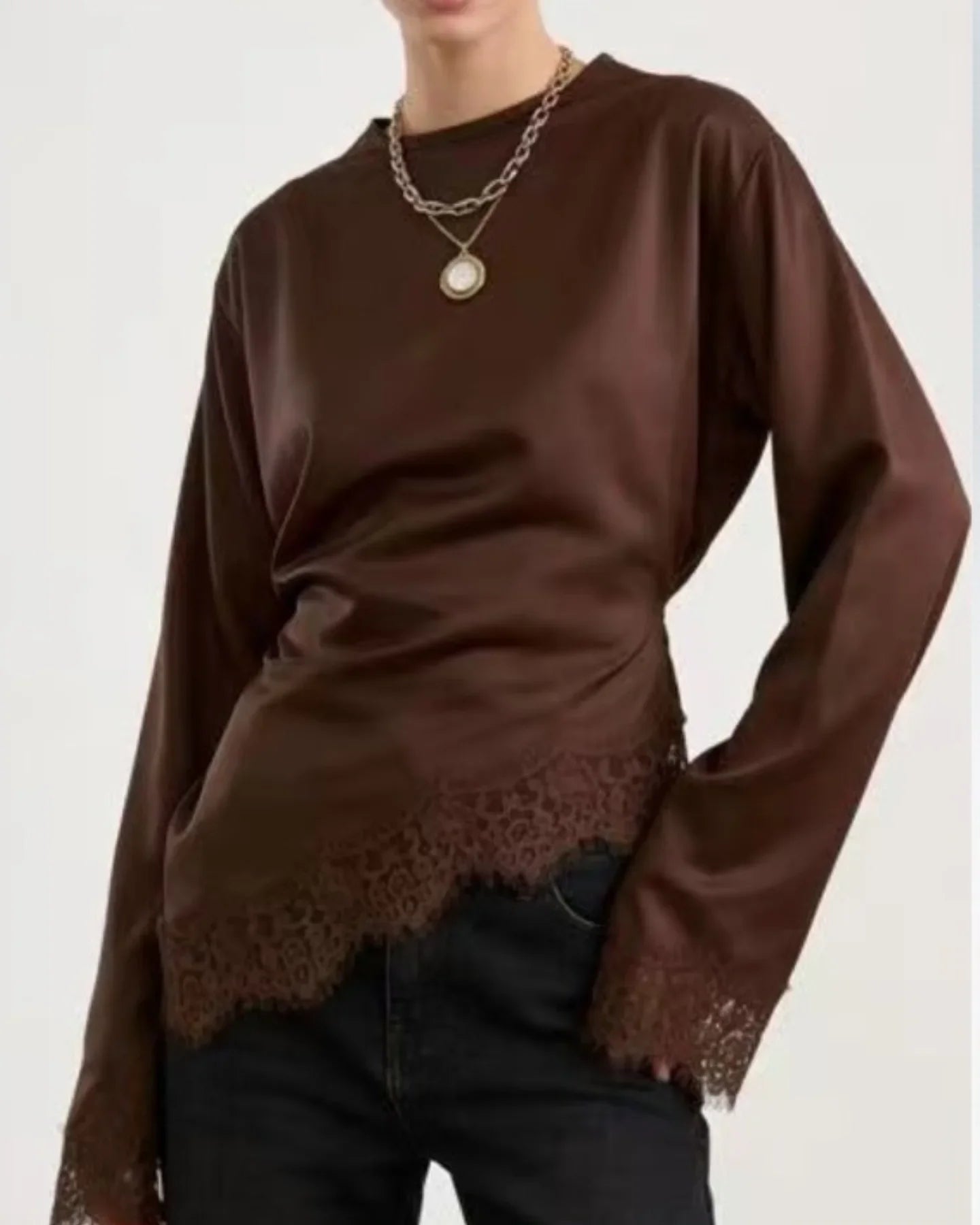 Solid Women Lace Patchwork Top Long Sleeve O-neck Irregular Hem Female T-shirt Casual Spring Summer Loose All-match Clothing
