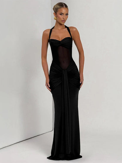 kliou Patchwork Elegant Women Maxi Dress Classic Sexy Sheer Ribbons Halter Backless Bodycon Female Trend Festival Evening Wear