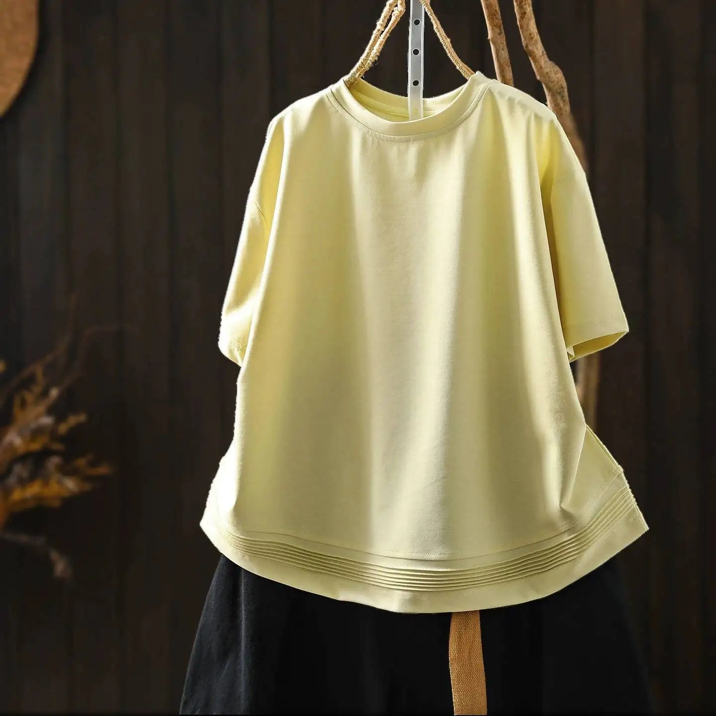 Pink Short-sleeve Women Top 2026 Stylish Summer New Design Pleated Hem Loose T-shirt ZF2158