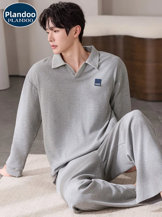 100% Pure Cotton Sleepwear Long Sleeve Collared Casual Home Clothes Set for Men Spring Autumn Seasonal Comfortable Leisure Ou...