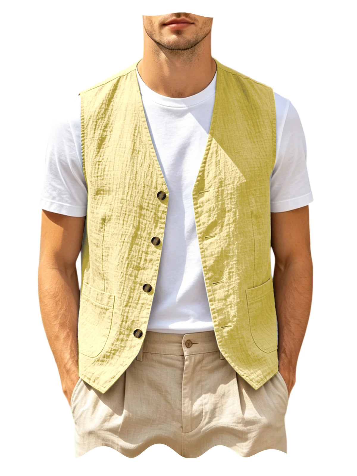Men's Casual Linen Vest V-Neck Sleeveless Waistcoat Summer Lightweight Breathable Solid Color Button Up Vest For Daily Vacation