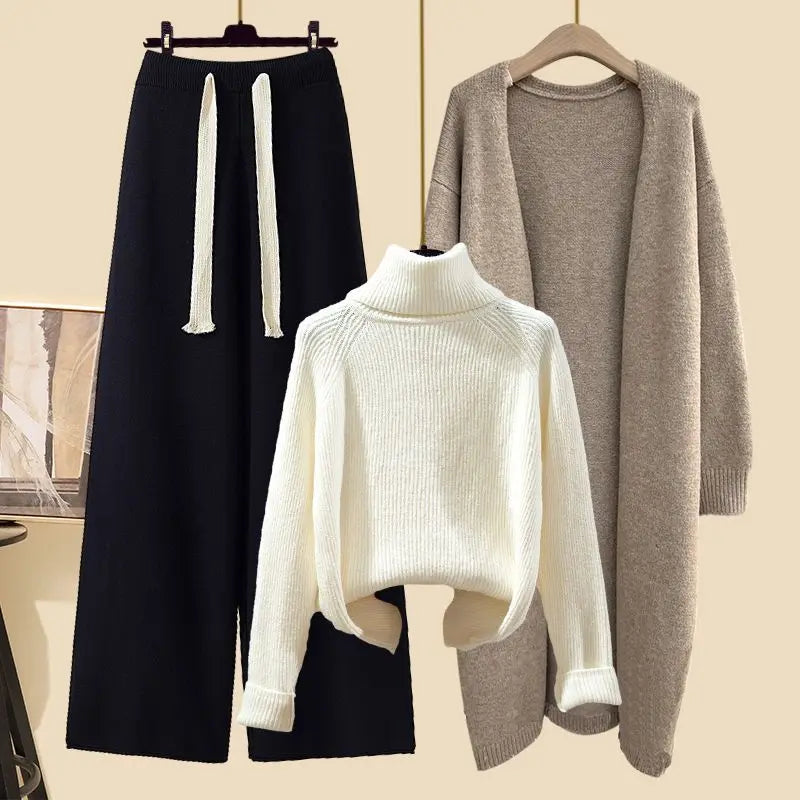 Fashionable Knitted Three-Piece Set Women's Autumn New Lazy Style Open Cardigan Outerwear Slimming Wide Leg Pants