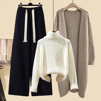 Fashionable Knitted Three-Piece Set Women's Autumn New Lazy Style Open Cardigan Outerwear Slimming Wide Leg Pants