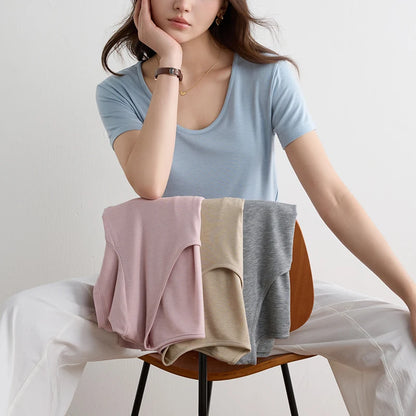 Women Lyocell T Shirt U Neck Short Sleeve Summer Slim Fit Basic Casual Top
