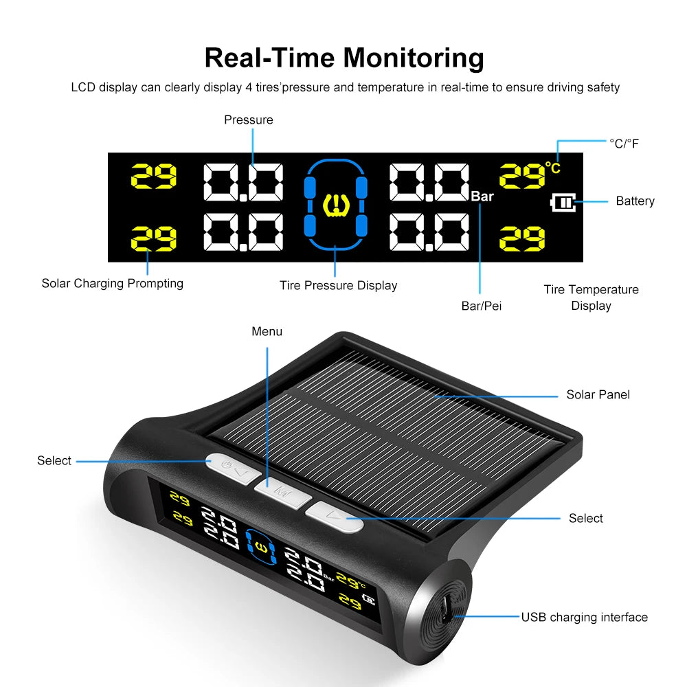 Solar Power TPMS Car Tire Pressure Alarm Monitor System Auto Security Alarm Systems Tyre Pressure Temperature Warning