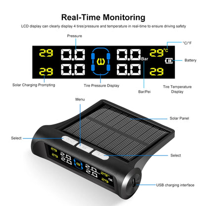 Solar Power TPMS Car Tire Pressure Alarm Monitor System Auto Security Alarm Systems Tyre Pressure Temperature Warning