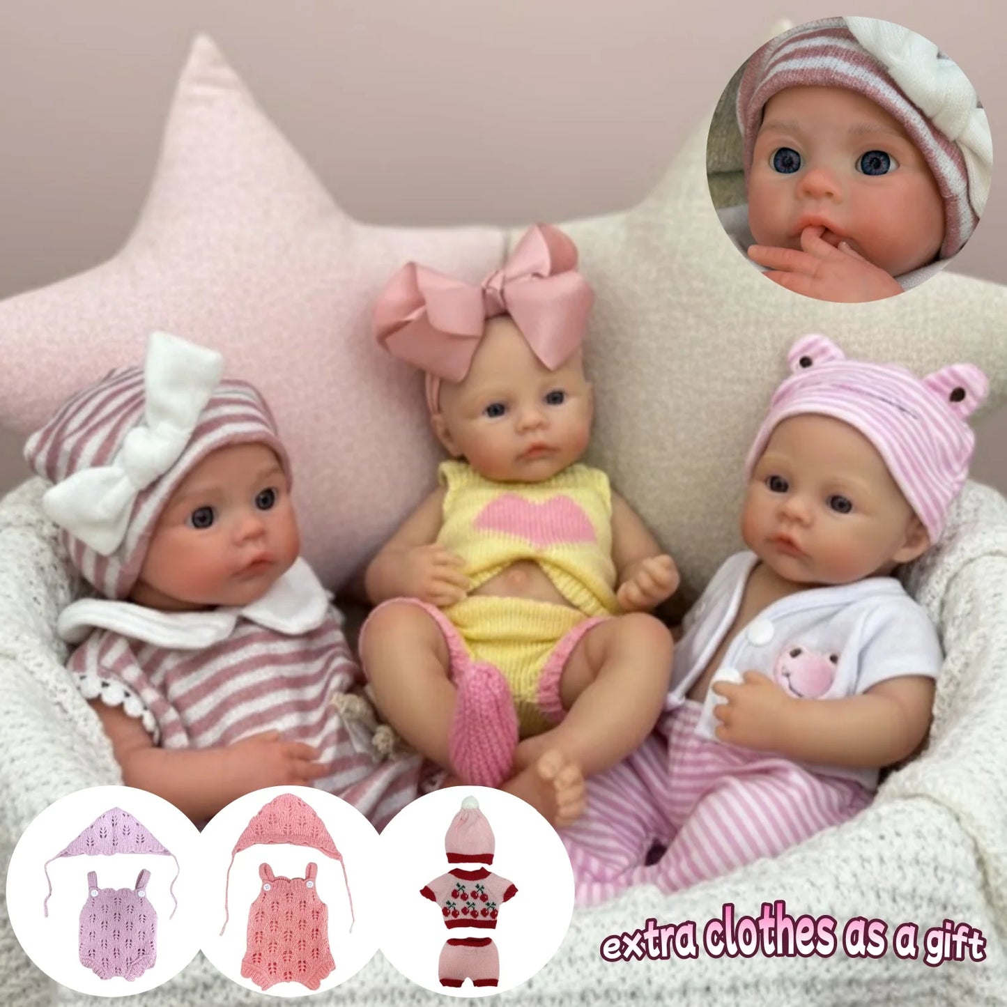 13inch Silicone Reborn Bebe Girl With 2 Sets of Outfits, Open Mouth, Waterproof, Lifelike Painted Newborn Baby Girl Toys