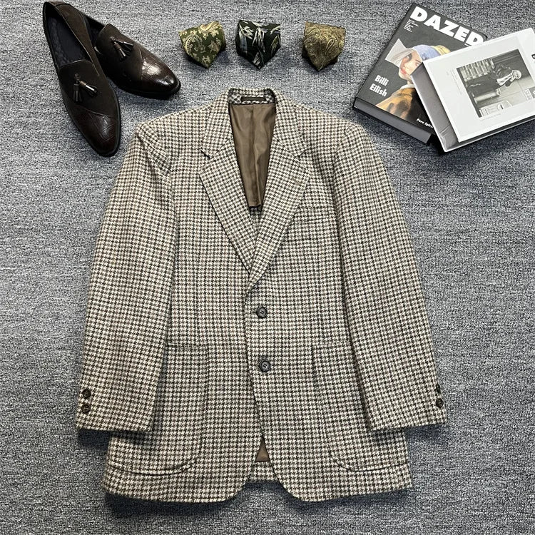 Vintage Unisex Woolen Suit Jacket Simple Casual Plaid Retro Style Warm Windproof Interview Commuting Business Casual Wear