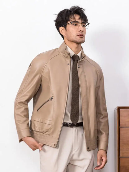 New Designer Men Natural Real Sheepskin Jacket Stand Collar Business Work Soft Genuine Leather Jacket Zip Casual Punk Style Coat
