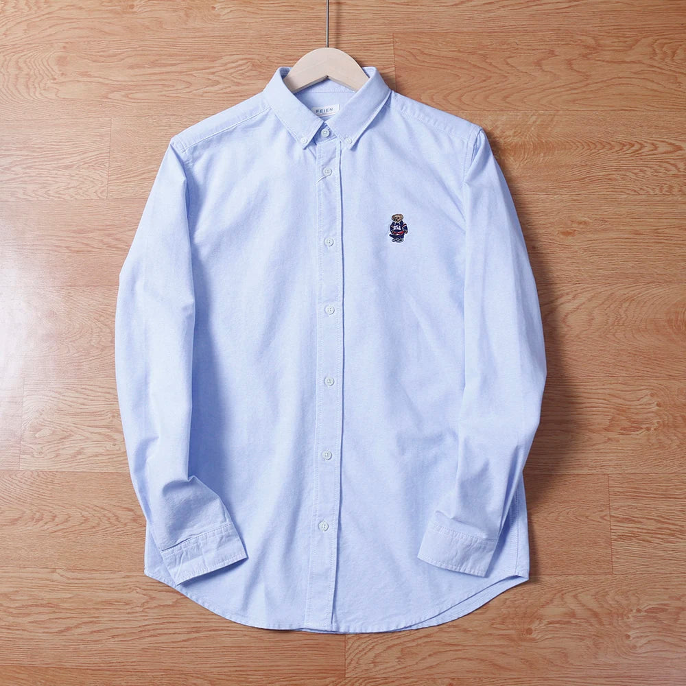 Spring Business Casual Long Sleeve Shirt Men's Cotton Oxford Cloth Embroidery Bear Pattern Inner Wear Trendy Brand Shirt