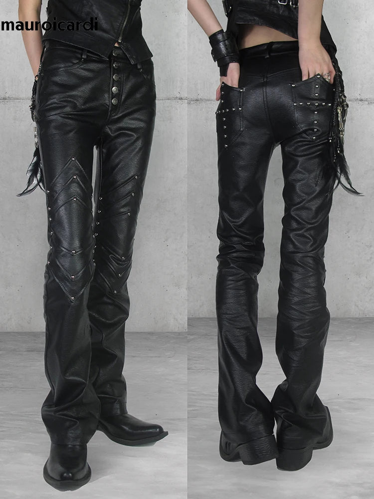 Mauroicardi Spring Autumn Long Black Fitted Pu Leather Pants Man Rivet Luxury Brands Original Alternative Punk Style Clothes