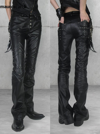 Mauroicardi Spring Autumn Long Black Fitted Pu Leather Pants Man Rivet Luxury Brands Original Alternative Punk Style Clothes