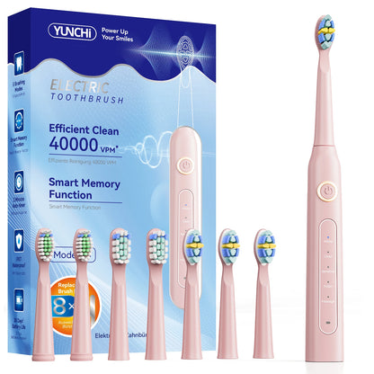 YUNCHi Sonic Electric Toothbrush USB Charger Tooth Cleaner 8 pcs Replacement Brush Heads 30 Days Long Battery Life 5 Modes Y5
