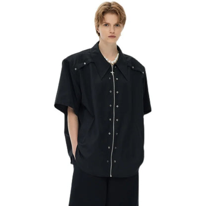 Men's Metal Zipper Button Solid Y2K Summer Shirts 2026 High Street Fashion Trend Casual T-shirts Moto & Biker Oversized Tee Tops