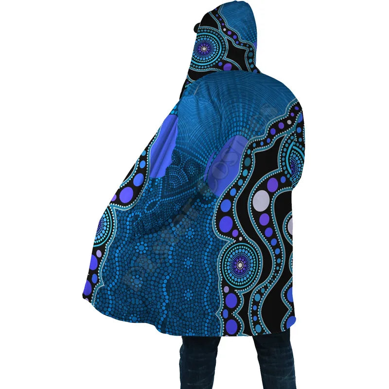 Aboriginal Art Blue Style Turtle Dreaming Paintings 3D Printed Hoodie Cloak Men Women Winter Fleece Wind Breaker Warm Cloak