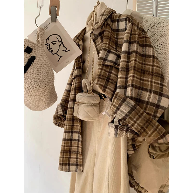 Retro Color Block Thickened Plaid Shirt Women's Loose Mid-Length Woolen Coat Spring Autumn Seasonal Korean Style Commute Wind