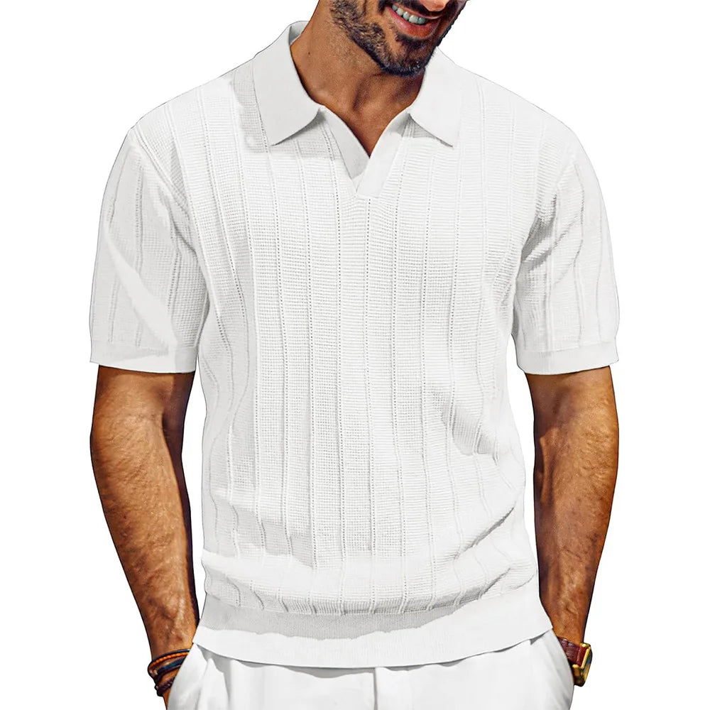 Men's Knit Polo Shirt Short Sleeve V Neck Ribbed Casual Summer Top 2026