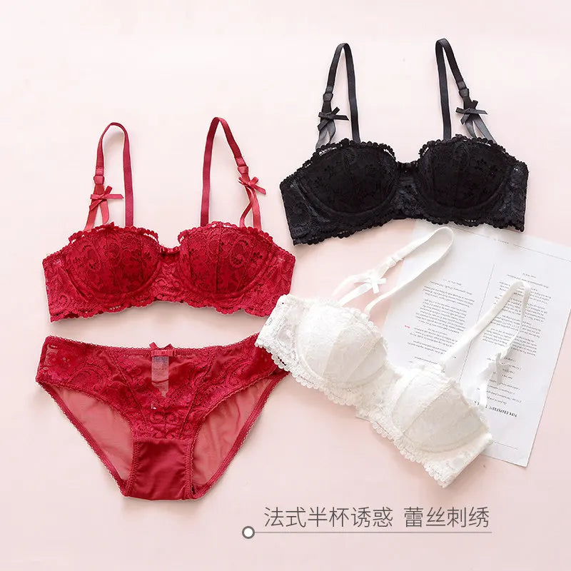Women White Lace Demi Bra Minimizer Push Up for Small Bust Anti Sagging Lingerie Bra Set  BANERDANNI Panty Set S-XL 32-38-AB Cup