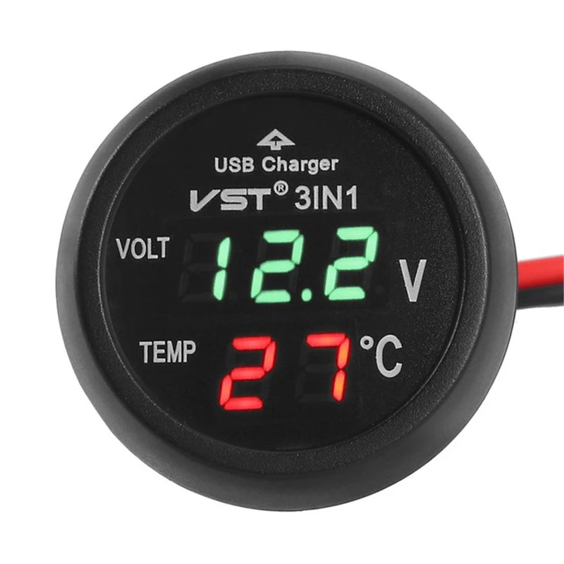 3 in 1 12V/24V LED Digital Voltmeter With Power Supply Current Meter for Car Cigarette Lighter Thermometer With Type C Socket