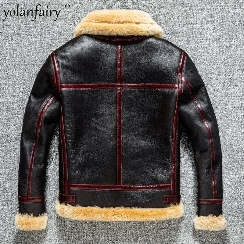 2023 Men's Real Fur Aviator Leather Jacket High Quality B3 Thick Winter Heavy Bomber Jackets For Men Retro Sheepskin Wool Coats