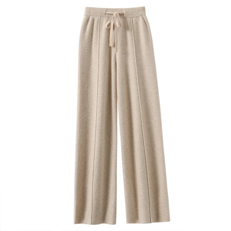 High Waist Knitted Wide Leg Pants Women's Autumn Winter Extended Floor Length Drawstring Straight Casual Loose Slimming