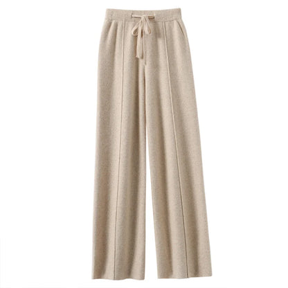 High Waist Knitted Wide Leg Pants Women's Autumn Winter Extended Floor Length Drawstring Straight Casual Loose Slimming