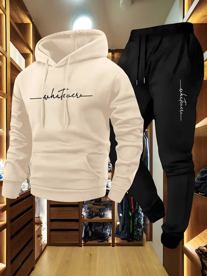 2-Piece Fleece Tracksuit for Men Thick Hoodies and Pants Warm Sportswear Suit Hip Hop Trend Clothing Winter and Fall